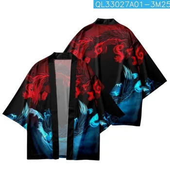 Rahat Kadın Erkek Kırmızı Mavi Hayvan Baskılı Siyah Streetwear Yaz Japon Kimono plaj şortu Yukata Harajuku Hırka