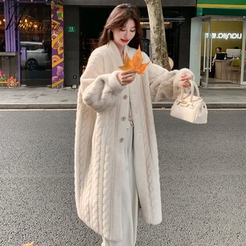 Kore Moda Uzun Faux Kürk Palto Kadınlar Güz Kış Sıcak V Yaka Tavşan Peluş Chaquetaes 2024 Yeni Gevşek Zarif Kalın Giyim