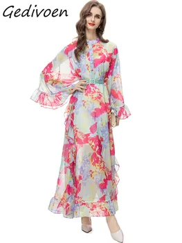 Gedivoen Sonbahar Moda Tasarımcısı Vintage Baskı Parti Elbise kadın Standı Yaka uzun Kollu Düğme Sashes Fırfır İnce uzun elbise