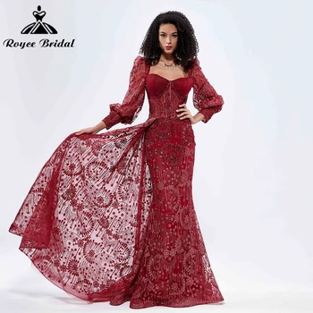 Roycebridal Dubai Bordo Boncuklu Arapça Kabarık Uzun Kollu Mermaid Akşam Elbise 2024 Abiye giyim Kadınlar İçin Düğün Parti