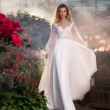 Boho Şifon düğün elbisesi Uzun Puf Kollu V Boyun gelinlikler Dantel Aplike Bir Çizgi Ülke Robe De Mariee Vestidos Novia