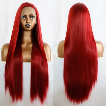 Bomba Parlak Yangın Kırmızı Düz Sentetik 13X4 Dantel ön peruk Tutkalsız Yüksek Kaliteli ısıya dayanıklı iplik Saç Kadınlar İçin peruk