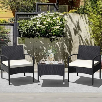 3 Adet Veranda Hasır kamış örgü mobilya seti için Yastık ile Çim Arka Bahçe Açık Masa ve Sandalye Setleri