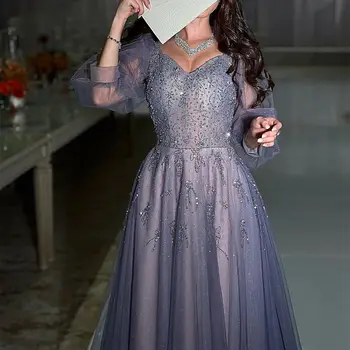 Kristal Boncuk Peri Balo elbisesi Sevgiliye A-line Tül Yarım Kollu Abiye Mor Zarif Parti Elbise Robe De Soiree