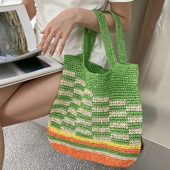 Bohemian bez plaj çantası Kadınlar İçin Lüks tasarımcı çantaları Çantalar 2023 Yeni Papirüs Örgü Oymak Ekose İnce Omuz