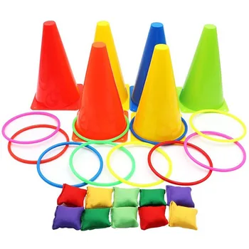 Atmak oyuncak seti döngü algılama sistemi eğitim plastik halka renk daire 23cm işareti kova küçük kum torbası açık