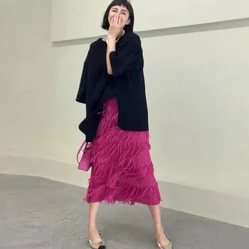 Miyake İssey Miyake 2023 Yaz Moda Kore Tarzı Saçak Halfskirt Vintage Siyah Gevşek Yüksek Elastikiyet Orijinal Tasarım Orta Uzunlukta Etek
