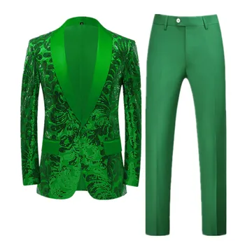 Moda Erkekler Pullu Suit Altın / Yeşil erkek Lüks Düğün Dans Parti Sahne Gerçekleştirmek Elbise Erkek Blazer Pantolon