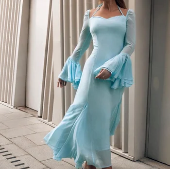 Mavi Kare Yaka Halter Abiye Uzun Kollu balo kıyafetleri Suudi Arabistan kadın Resmi Elbise Yeni Gelenler