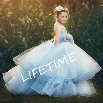 Çiçek Kız Elbise Sevimli Kız Pageant Elbise Kabarık Dantel 3D Çiçek Aplikler Balo Elbise Düğün İçin İlk Communiuon Önlük