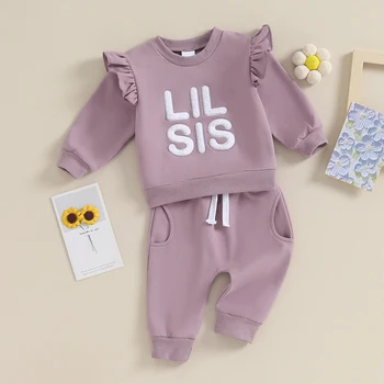 Bebek Kız Ruffled Uzun Kollu Bulanık Mektup Nakış Üstleri Düz Renk Pantolon Kıyafet Sonbahar 2 Adet Giysi