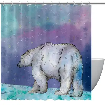 Beyaz Kutup Ayısı Duş Perdesi Karikatür Tarzı Elle Çizilmiş Hayvan Duş Perdeleri Banyo Su Geçirmez Küvet Ekran Dekorasyon