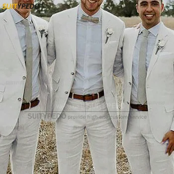 Gri Keten Takım Elbise Erkekler için Slim Fit Balo Düğün Groomsmen Blazer Pantolon 2 Parça Resmi İş Ceket Rahat Erkek Giyim Seti
