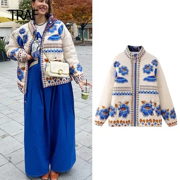 TRAF Baskı Yastıklı Ceketler kadın Kapitone Ceket Sonbahar Kış O-Boyun Uzun Kollu Üst Yeni Dış Giyim Kış kadın Soğuk Ceket