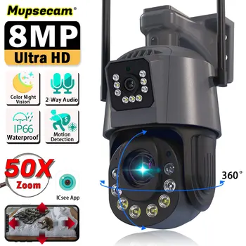 8MP Çift Lens 50X Optik WİFİ Gözetim Kamera Renkli Gece Görüş Hareket Algılama CCTV İCSee Akıllı HD Video Güvenlik Kamera