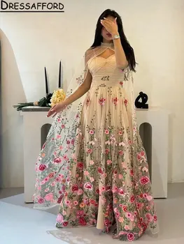 Şampanya Çiçek Nakış Dubai A-Line Abiye Pelerin Plise Sevgiliye Suudi Arapça Örgün Parti Kıyafeti