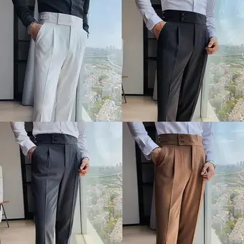 Düz bacak Pantolon Vintage Yüksek Bel erkek Takım Elbise Pantolon Slim Fit İş Tarzı Pantolon Yumuşak Nefes Kumaş ile Klasik
