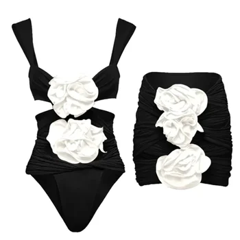 3D Çiçek Tek Parça Mayo ve Etek Kadın için 2023 Yeni Kesme Vintage Mayo Kadın Tasarımcı plaj elbisesi Mayo