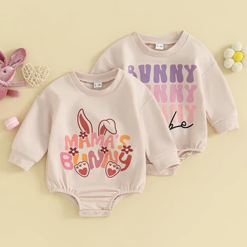Bahar Yenidoğan Bebek Paskalya Giysileri Çocuklar için Erkek Kız Tavşan Kulak Mektubu Baskı O-Boyun Uzun Kollu Tişörtü Tulumlar Tulum