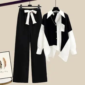 Kadınlar İçin iki Parçalı Set Gömlek + Geniş Bacak Pantolon Setleri Uzun Kollu Kore Kıyafet Düğme Eşofman 2023 Patchwork Moda Sonbahar Takım Elbise