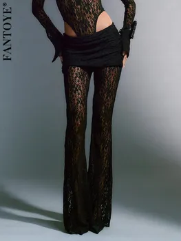 Fantoye Baskı Çiçek See Through Dantel Kadın Pantolon Siyah Hollow Out Yüksek Bel Pantolon Kadın Sonbahar Yeni Rahat Dış Streetwear