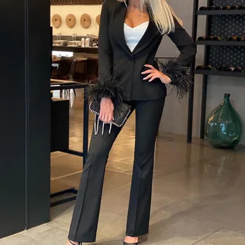 Kadın Tüy Dikiş Uzun Kollu Tek Düğme Blazer Yüksek Bel Alevlendi Pantolon pantolon Takım Elbise 2023 Sonbahar Düz Renk İnce Takım Elbise