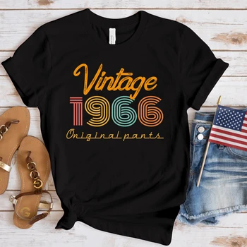 (Premium T-shirt) Vintage 1966 Baskı T-Shirt Kadınlar İçin Yaz Kısa Kollu Yuvarlak Boyun Sevimli bol tişört