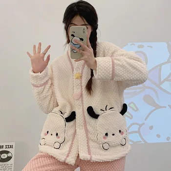 Anime Kawaii Sanrio Pachacco Kuromi kadın Mercan Kadife Pijama Sonbahar Kış Kadife Kalınlaşmış Sıcak Ev Seti Arkadaşlar için Hediye