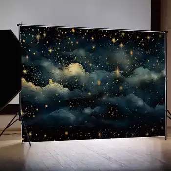 ay.QG Fotoğraf Backdrop Mavi Bulutlar Gökyüzü Altın Yıldız Bebek Çekim Sahne Arka Plan Bulutsusu Pırıltılı Duvar Dekor Doğum Günü Sahne