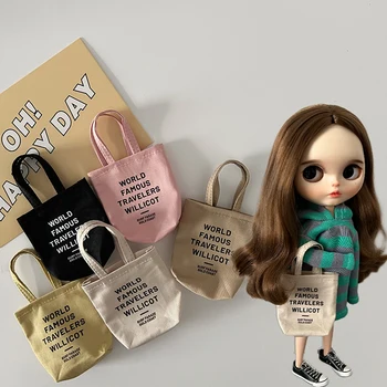 DLBell 1 adet Blythe Doll bez alışveriş çantası Mini Çanta Mektup Baskı omuz çantaları Blythe Doll için Barbie Licca Bebek Aksesuarları