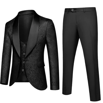 Zarif Jakarlı Şal Yaka Bir Düğme Erkek Takım Elbise 3 Parça Resmi Parti Balo Düğün Damat En Iyi Erkek Smokin (Blazer + Yelek + Pantolon)