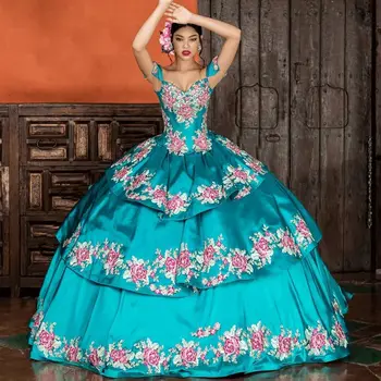 Mavi Charro Quinceanera elbise Balo Cap Kollu Katmanlı Aplikler Kabarık Meksika Tatlı 16 Elbiseler 15 Anos