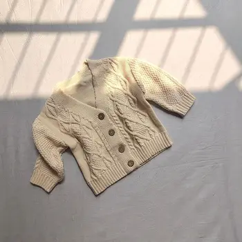 Sonbahar Kış Erkek Kız Bebek Örgü Hırka V Yaka Büküm Kazak Çocuk Katı moda üst giyim Ceket Çocuk Örme pamuklu ceket