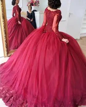 ANGELSBRIDEP Kırmızı Quinceanera Elbiseler Dantel Aplikler Uzun Kollu Tül balo elbisesi Bordo Tatlı 15 Vestido De 15 Anos Quinceanera