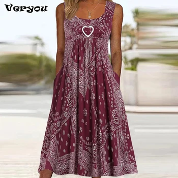 2023 Yeni Vintage Baskı Maxi Elbiseler Kadınlar İçin Yaz Kolsuz Gevşek Parti uzun elbise Kadınlar Zarif Cep Plaj tatil elbisesi