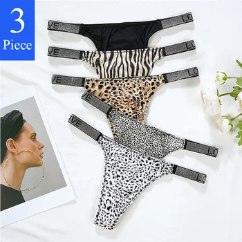 3 ADET Leopar Zebra Thongs İç Çamaşırı Kadın Seti Düşük bel Rhinestones Aşk Mektubu Kadın Intimates Bikini İç Çamaşırı Artı Boyutu S-XL