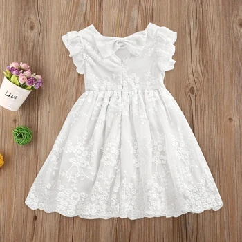 2023 Yeni Kız Beyaz Elbise Yaz Ruffles Dantel Yay Prenses Düğün Parti Elbiseler Yelek Kostümleri Bebek Çocuk Rahat Ev Giysileri