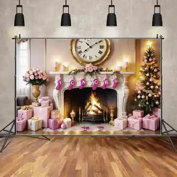 ay.QG Zemin Noel Şömine fotoğraf kabini Arka Plan Ev Yenilik Pembe Ev Ağacı hediyelik saat fotoğraf aksesuarları