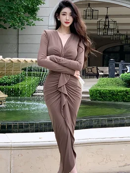 2023 Yeni Katı Bodycon Ruffled Maxi Elbise Kadınlar Kore Tarzı Tek Parça Elbise Sonbahar Kış Uzun Kollu Pilili Lüks Balo Elbise