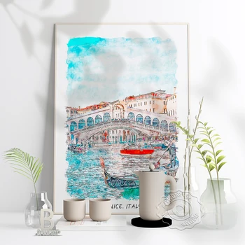 Suluboya Şehir İtalya Venedik Posteri, Güzel İtalya Manzara sanat baskı, Venedik Dünya Seyahat duvar çıkartmaları Ev Odası Dekor Hediye