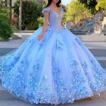 GUXQD Gökyüzü Mavi Balo Quinceanera elbise Kapalı Omuz Aplikler Çiçek Balo Prenses Doğum Günü Partisi Törenlerinde Vestido De 15 Anos