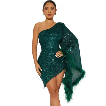 Zarif Sequins Parti Elbiseler Kadın Doğum Günü Noel Bir Omuz Parlama Kollu Tüyler Asimetrik Gece Kulübü Mini Elbise