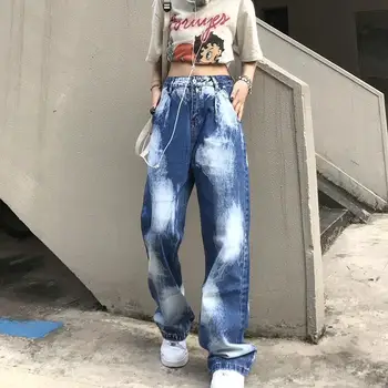 Yeni Artı Boyutu Mavi Beyaz Kontrast Batik Düz Hip Hop Femme Kot Kadın Streetwear Baggy Gevşek Yüksek Bel Kot Pantolon
