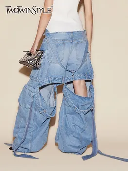 TWOTWINSTYLE Patchwork Cep Streetwear Denim Kargo Pantolon Kadınlar Için Yüksek Bel Hollow Out Şık Geniş Bacak Kot Kadın Moda
