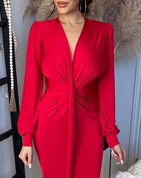 Derin V Yaka Parti Elbise 2024 Yeni Bir Omuz Kırmızı Bükülmüş Pilili uzun elbise Seksi Uzun Kollu Düşük Boyunlu Zarif Gece Elbisesi