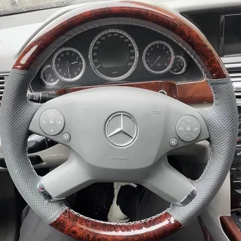 El dikişli gri Hakiki Deri şeftali ahşap tahıl Araba direksiyon kılıfı Mercedes Benz E Sınıfı İçin W212 2009-2012 İç