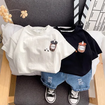 2023 Yaz Koreli Çocuklar Bebek Erkek Giysileri Set Karikatür Baskılı kısa kollu tişört Delik Kot şort Takım Elbise Erkek Bebek Kıyafet Seti