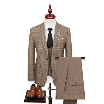 Yüksek Kaliteli Klasik Ekose (takım elbise + Yelek + Pantolon) ingiliz Elbise Düğün Trendi İş Her Şey Moda Üç parçalı Set