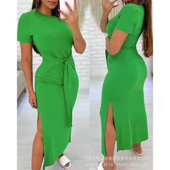 Wepbel Yan Yarık Midi Elbise Kılıf Düğümlü Kısa Kollu Bodycon Elbise Kadınlar Katı Renk Bel Kayışı Yan Yarık rahat elbise