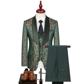 Lansboter Yeşil Erkek Takım Elbise 3 Adet Baskılı Çizgili Yaka Düğün Ziyafet İçin İş İş Smokin Seti Ceket Yelek Pantolon
